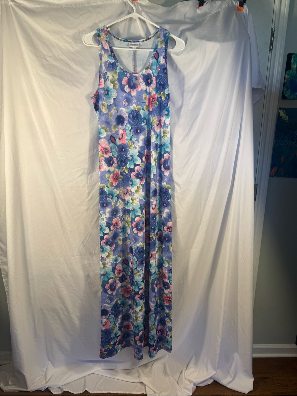 NWOT LuLaRoe Dani Floral Maxi Dress Large Blue Purple Tank Watercolor Print Boho
